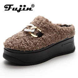 Fujin 7.5cm New Synthetic Leather Winter Plush Platform Wedge Women Fashion Slippers Warm Slides Women Lady Autumn Spring Shoes