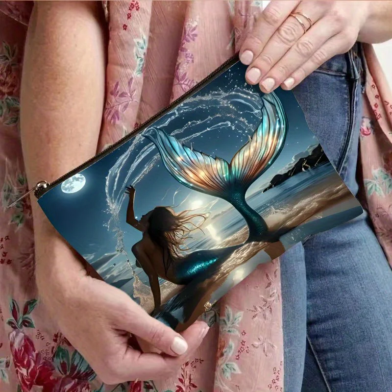 인어 패턴 메이크업 가방 - 여성용 귀여운 다기능 지퍼 파우치, 보석 보관 가방