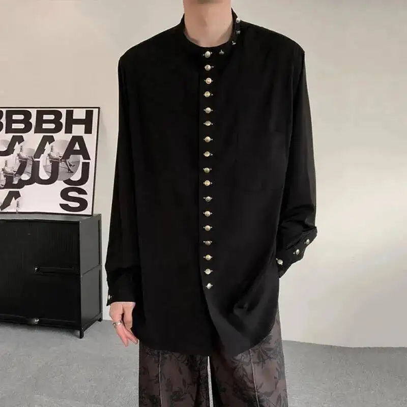 Niche Design Men's Shirts Round Neck Solid Color Chic Button Long Sleeved Loose Single Breasted Male Clothing  9YA0W