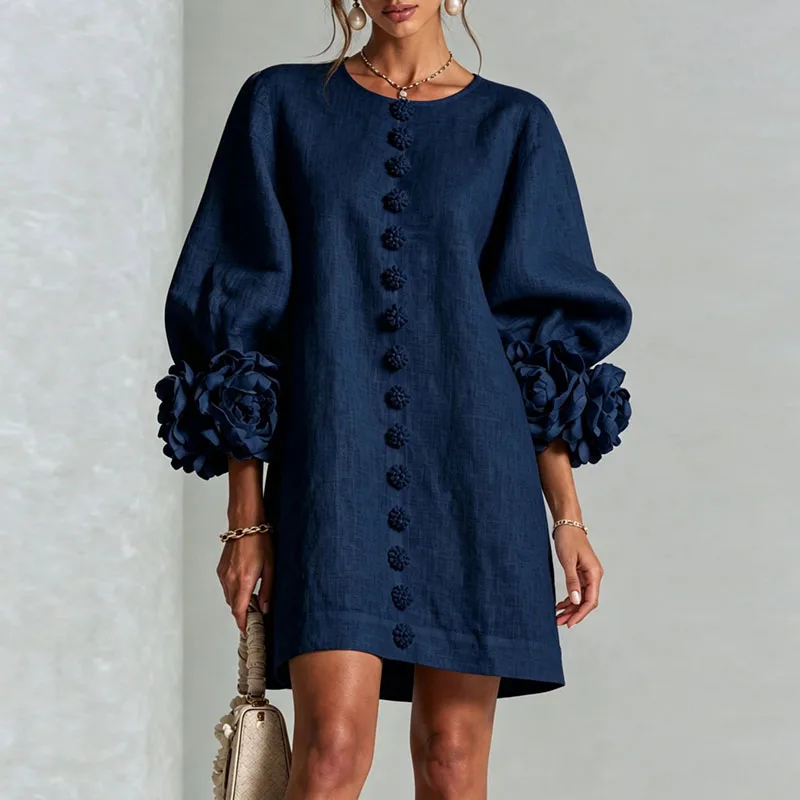 Elegant Solid Dresses Women Round Neck Lantern Sleeve 3D Flower Cuff Decorative Button Loose Short Dress Casual Streetwear Dress