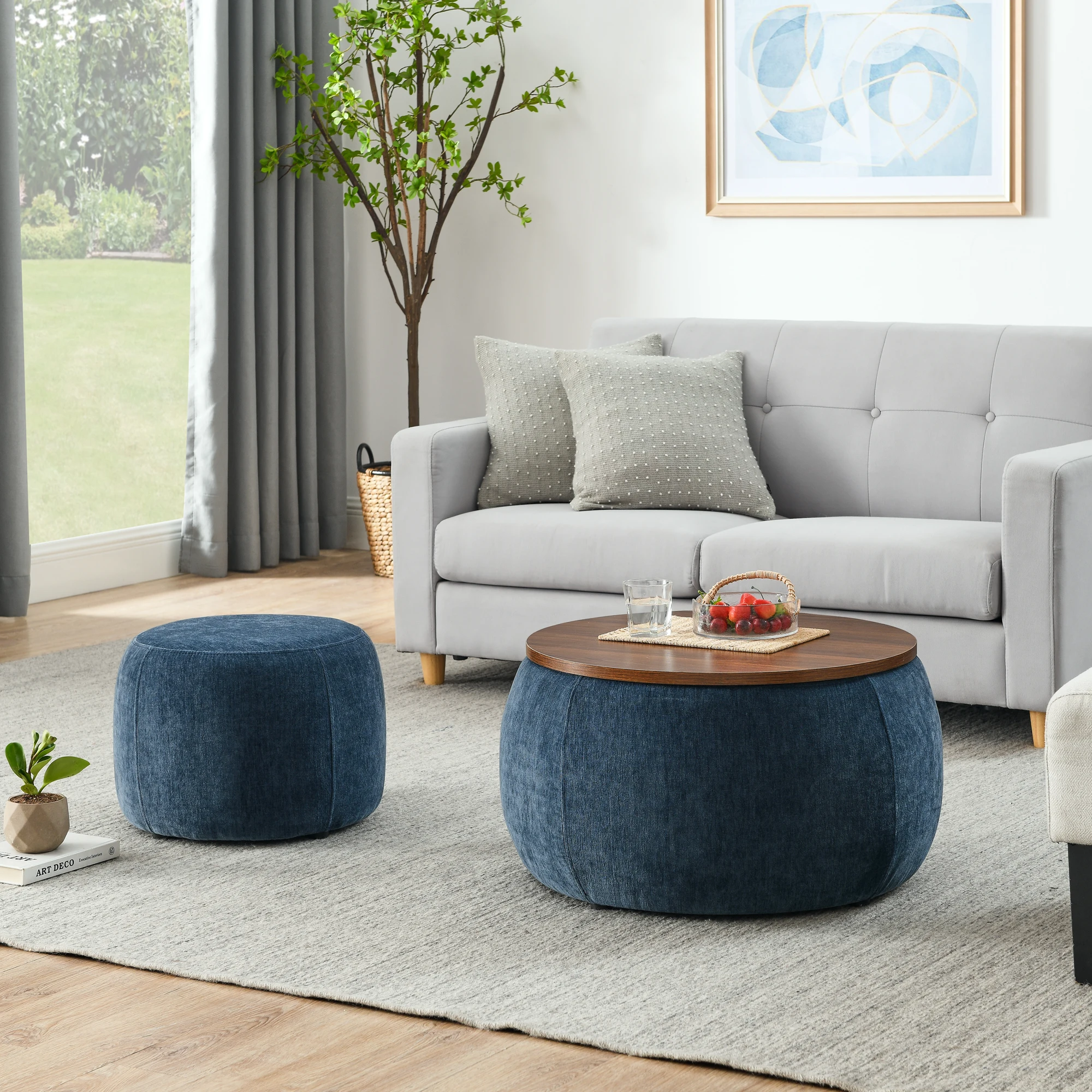 

Round Storage Ottoman – 2-in-1 Function as End Table and Ottoman, with Small Seat, 25"x25"x14.7", Stylish and Practical