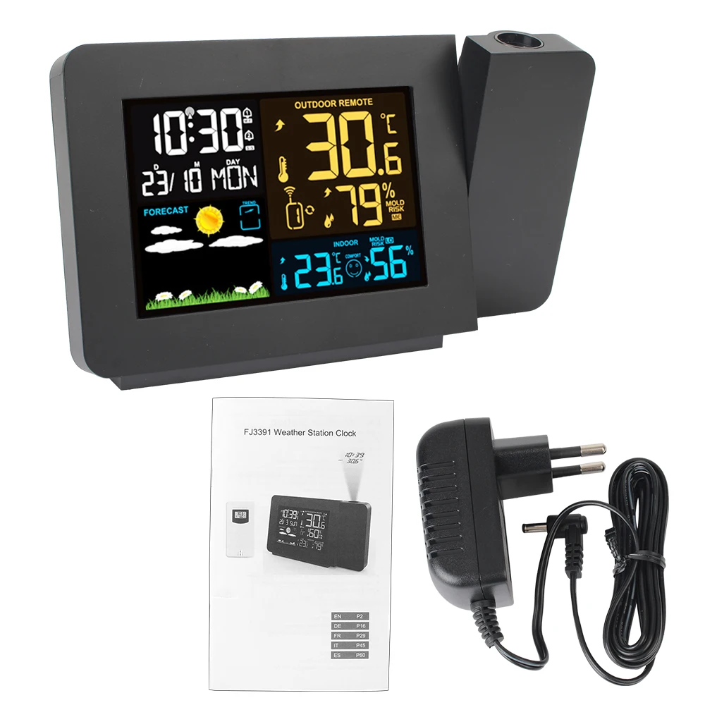 Digital Alarm With Time Projection EU Humidity LED Table Clock Weather Station Indoor Outdoor Temperature Snooze