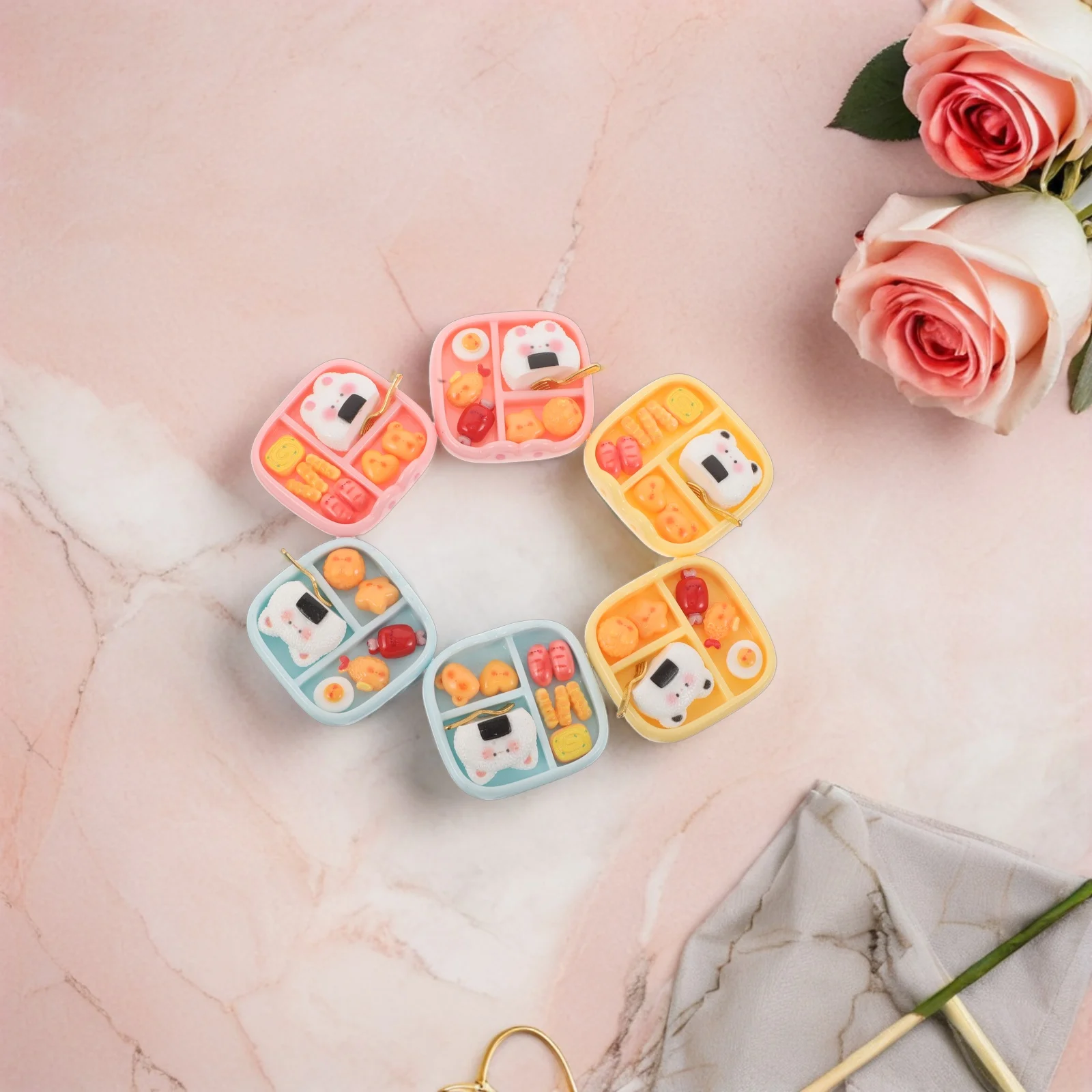 

6pcs Mini Resin Sushi Figurines Dollhouse Lunch Boxes Japanese Style Tiny Food Decor Simulation Bento Case Model For Tabletop