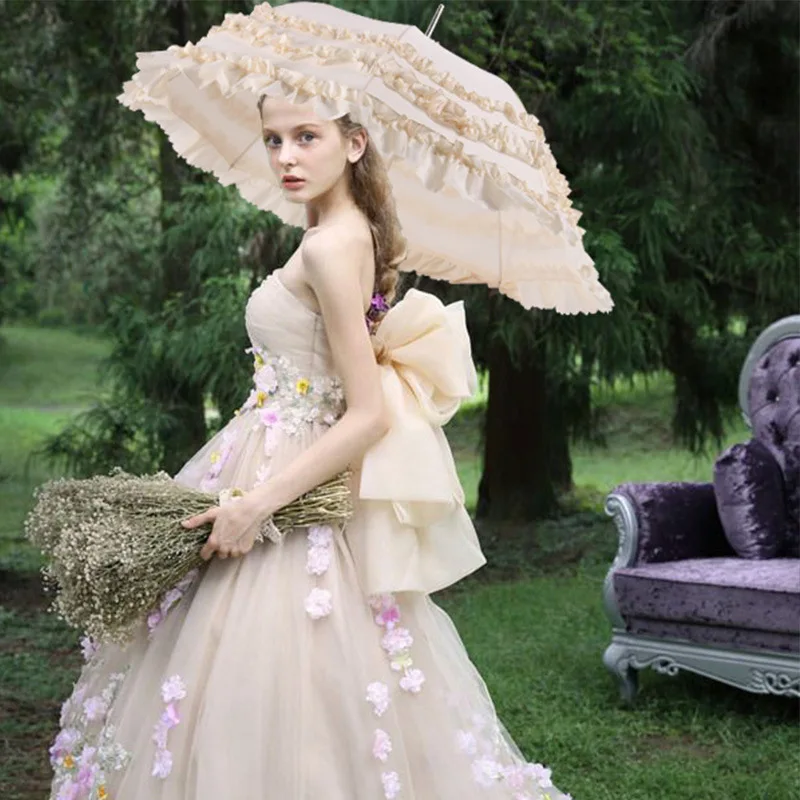 Lace Umbrella with Long Handle Semi-automatic Wedding Umbrellas Cute Princess Parasol, Gothic Lolita Marriage Large Umbrella