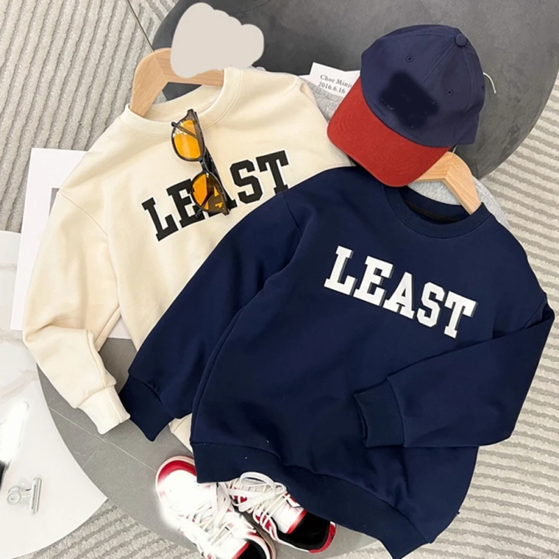 

New Kids Boys Sweatshirt Autumn Winter Solid Color Letter Print Long Sleeve Round Neck Tops Children Fashion Versatile Clothes