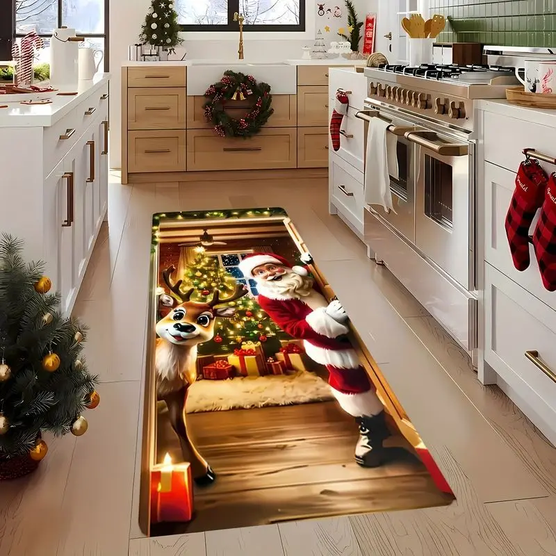 VIKAMA Funny Christmas Runner Rug Santa Reindeer 3D Window Illustration Long Carpet Hallway Corridor 2027 Christmas Home Decor