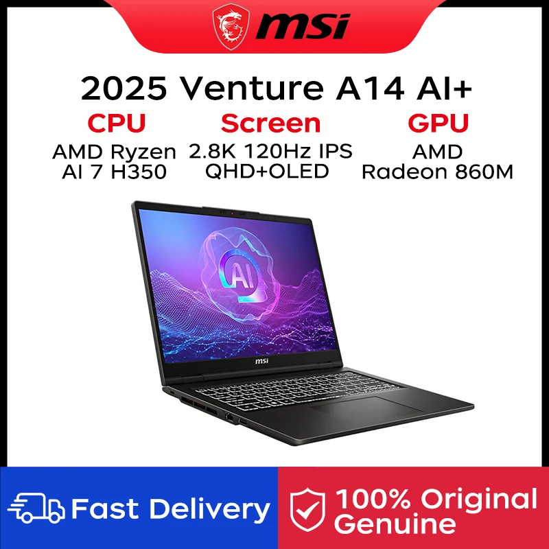 Portátil MSI Venture A14 AI+ 2025 de 14 Pulgadas con Pantalla OLED 2.8K 120Hz, Netbook con CPU AMD Ryzen AI 7 H350, 16GB, 512GB y Gráficos AMD Radeon