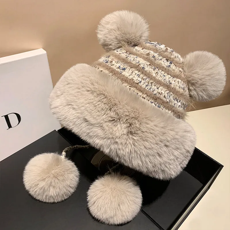 Winter Striped Knit Beanie Hat with Faux Fur Pom Poms and Ear Flaps Warm Fleece Lined Pull On Cap for Women