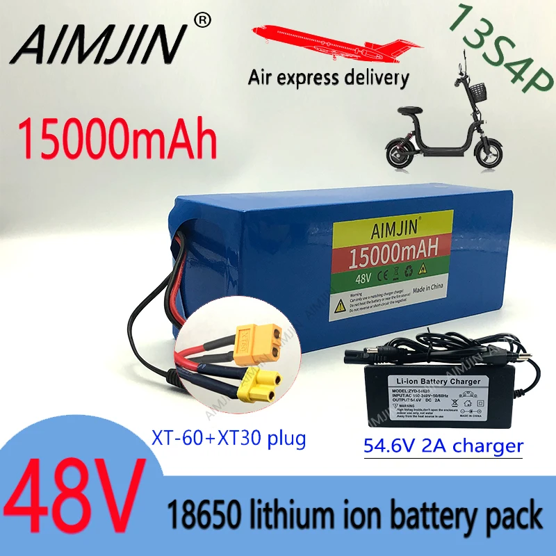 48V 15000mAh 18650 13S4P Lithium Battery Pack,for Electric Scooter Bicycle Li-ion Replacement Batteries with BMS+54.6V Charger X