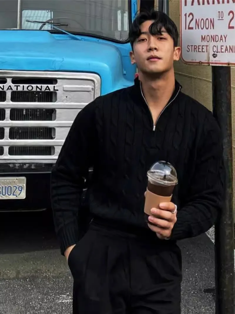 

Мужской вязаный свитер на молнии с высоким воротником для осени и зимы, повседневный, модный, в корейском стиле