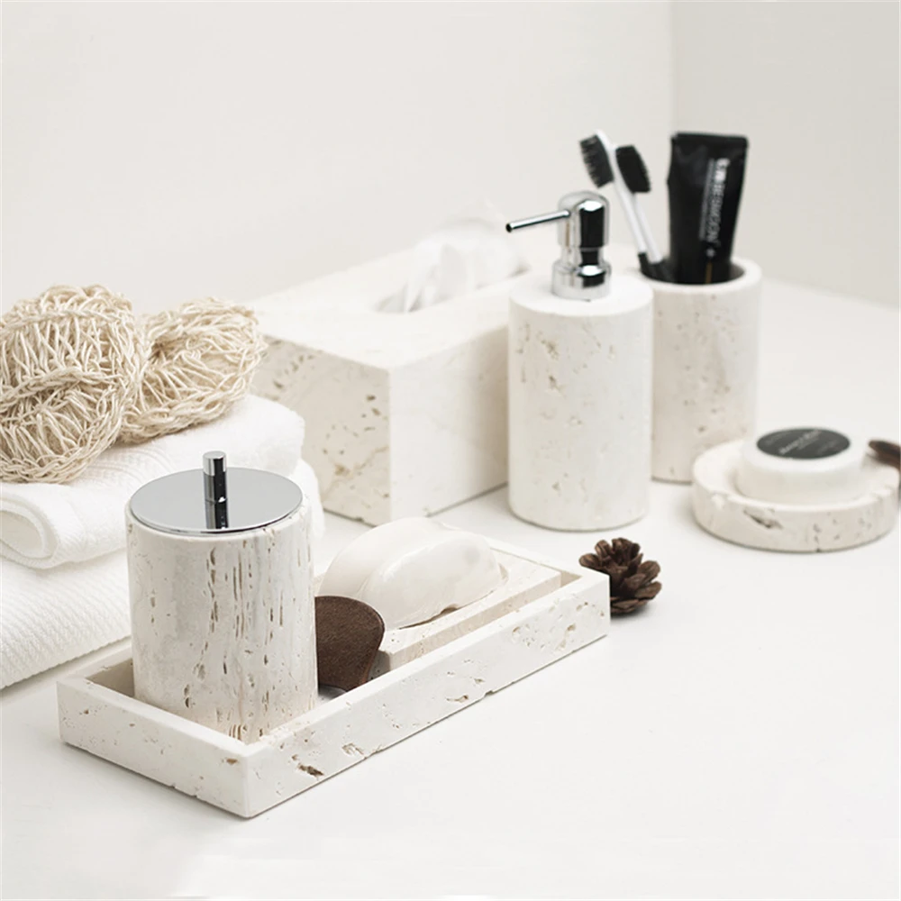 Beige Travertine Bathroom Accessories Set Natural Marble Soap Dispenser Soap Dish Toiletries Set Vanity Tray Kit Bathroom