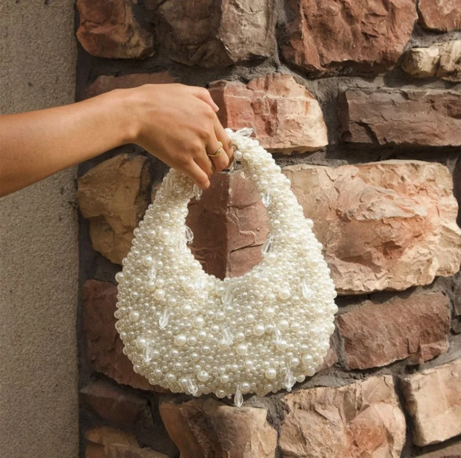 Women Vintage French Faux Pearl Beaded Dumpling Cloud Hobo Tote Bag Handwoven Underarm Clutch for Wedding Banquet Party
