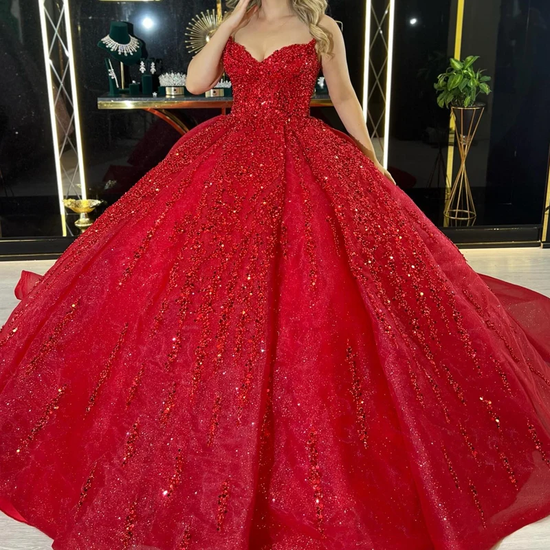 

Red Glitter Quinceanera Dresses Ball Gown Off The Shoulder Sequined Crystal Beading Sweet 16 Dress Vestidos De 15 Anos