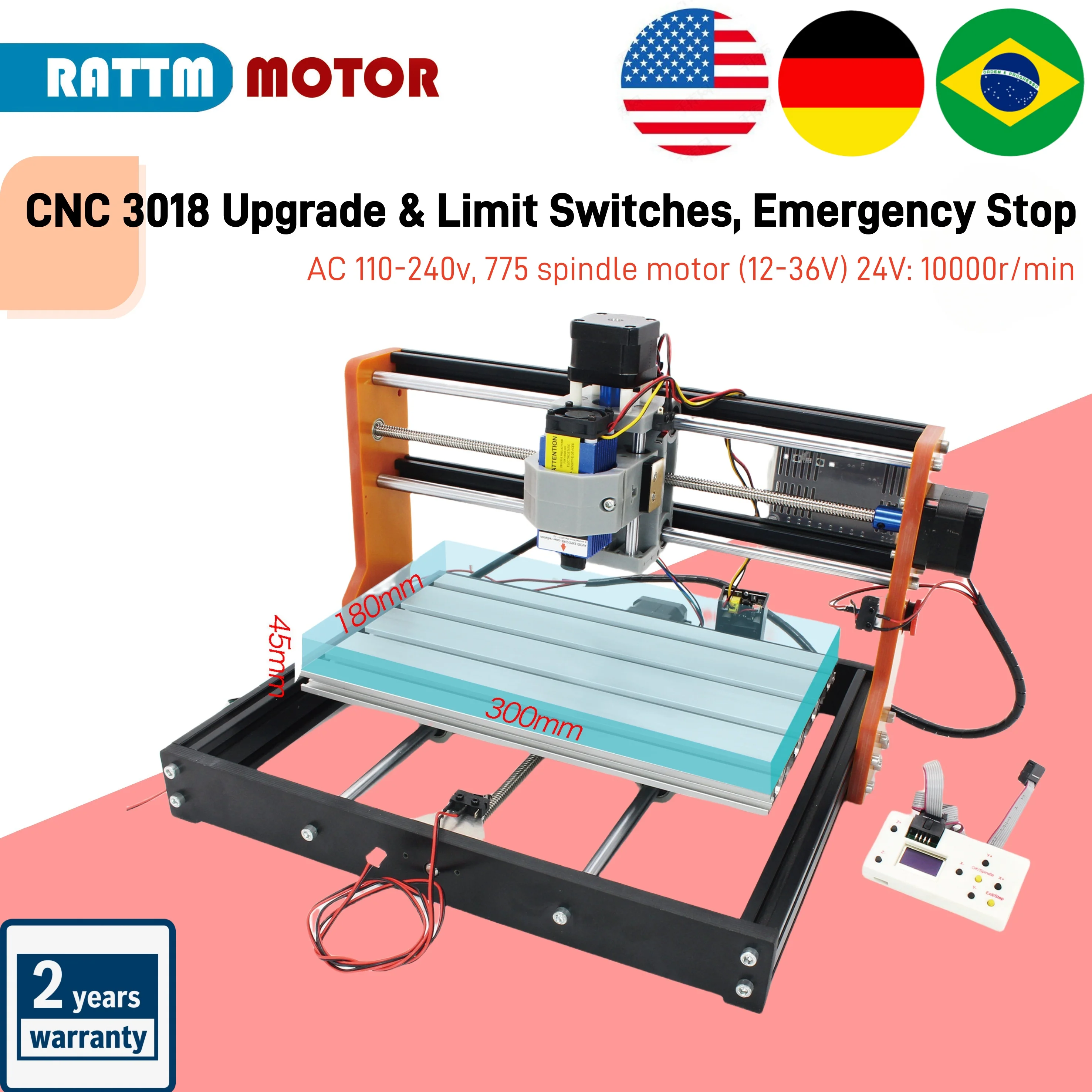 【US&EU&BR Stock】New CNC 3018 Plus Alumina Alloy Metal Frame Upgrade Kit Nema17 42 Stepper With Limit, Emergency Stop Interface