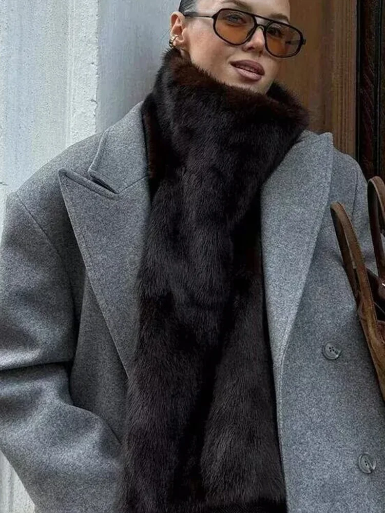 HH Women Fashion High Street Double Breasted Lapel Woolen Jacket Winter Female Long Sleeve Fringed Hem Decoration Pocket Coat