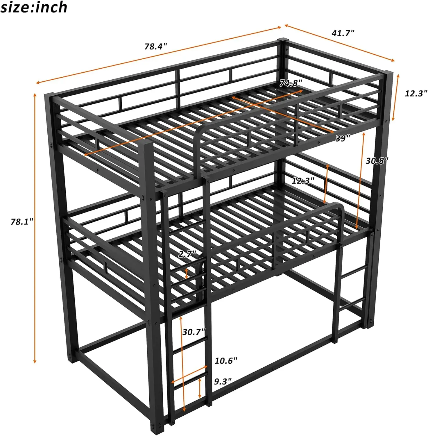 Beliche triplo com 2 escadas e guardrail, cama preta para crianças e adolescentes, cama de tamanho duplo para adolescentes