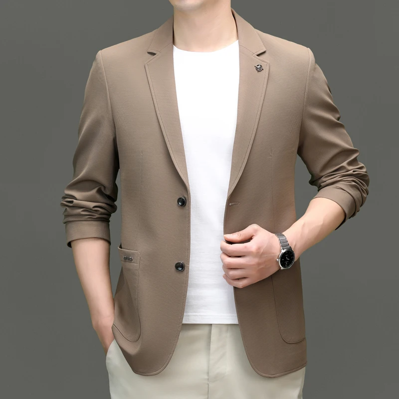 

2024 Spring Autumn Men's Blazers Gray Black Blue Khaki Notched Collar Suit Jacket Man Stylish Outfits Office Fashion OOTD Attire