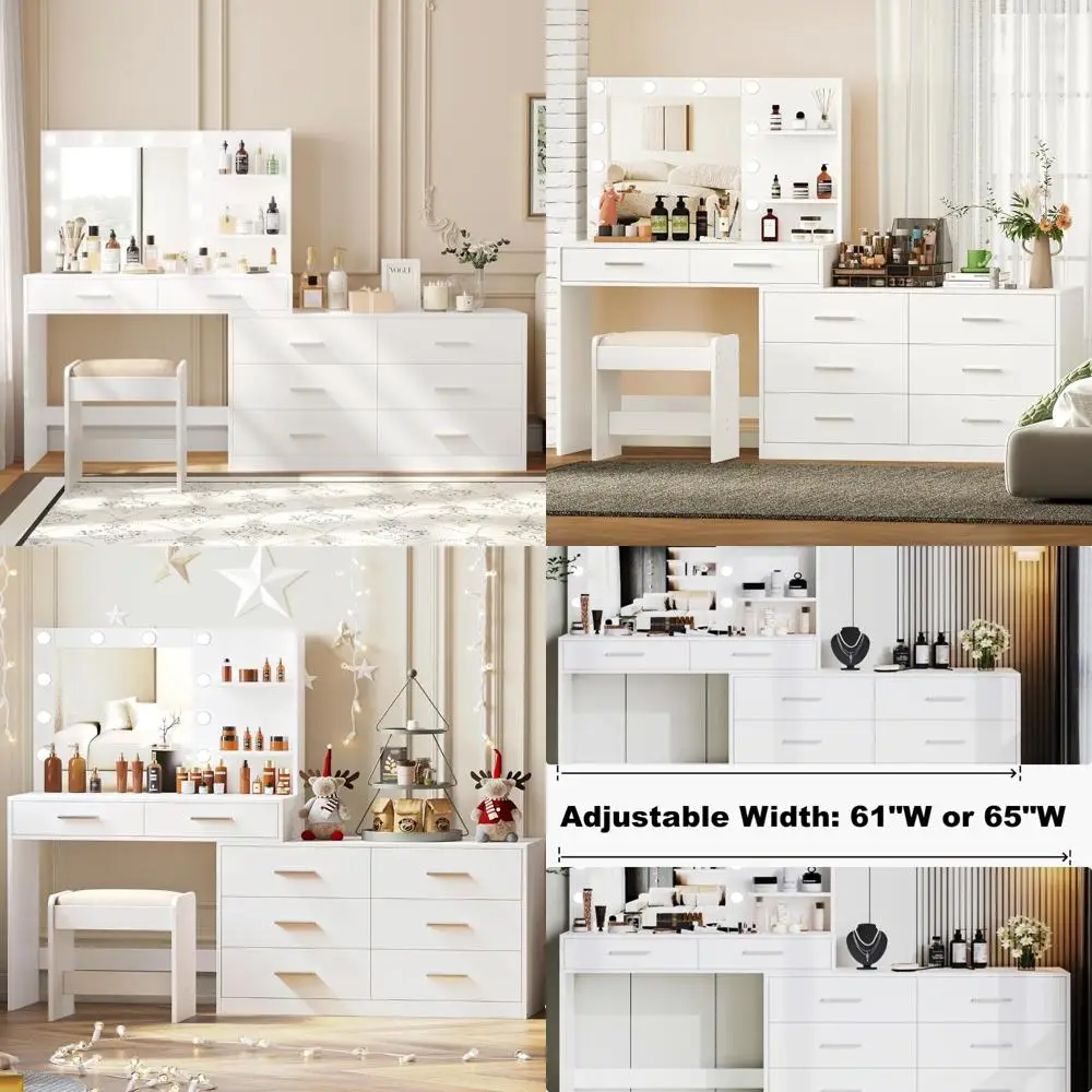 مجموعة مكياج كبيرة الحجم مع مرآة مضاءة بثلاثة ألوان، وطاولة ذات 8 أدراج ورف تخزين جانبي، وطاولة زينة كبيرة قابلة للتعديل #1