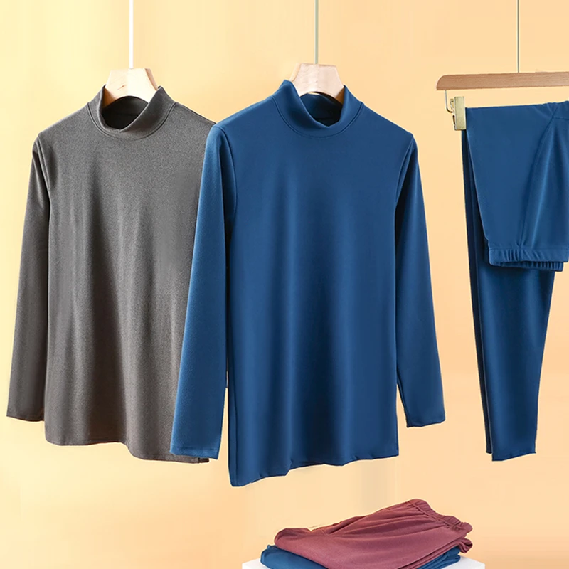Men's Thermal Fleece Set Half High Collar Long Sleeve T-Shirt And Pants Stripe Patterned Base Layer Two-Piece Suit for Autumn...
