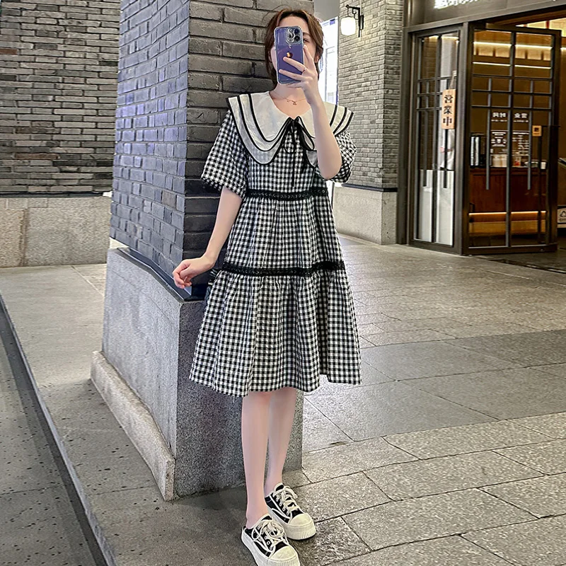 

Summer Sweet Maternity Clothes Peter Pan Collar Short Sleeve Preppy Style Pregnant Woman Plaid Dress Plus Size Pregnancy Dresses