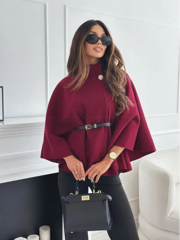

Women's Spring Fashion Cloak with Belt Simple Batwing Sleeves Adjustable Waist Strap Elegant Coat for Ladies