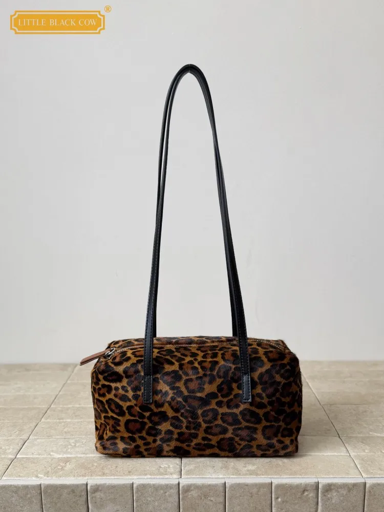 Office Lady Elegant Totes Handbag Zip Genuine Leather Horsehair Leopard Print Fashion Casual Women Single Shoulder Underarm Bags