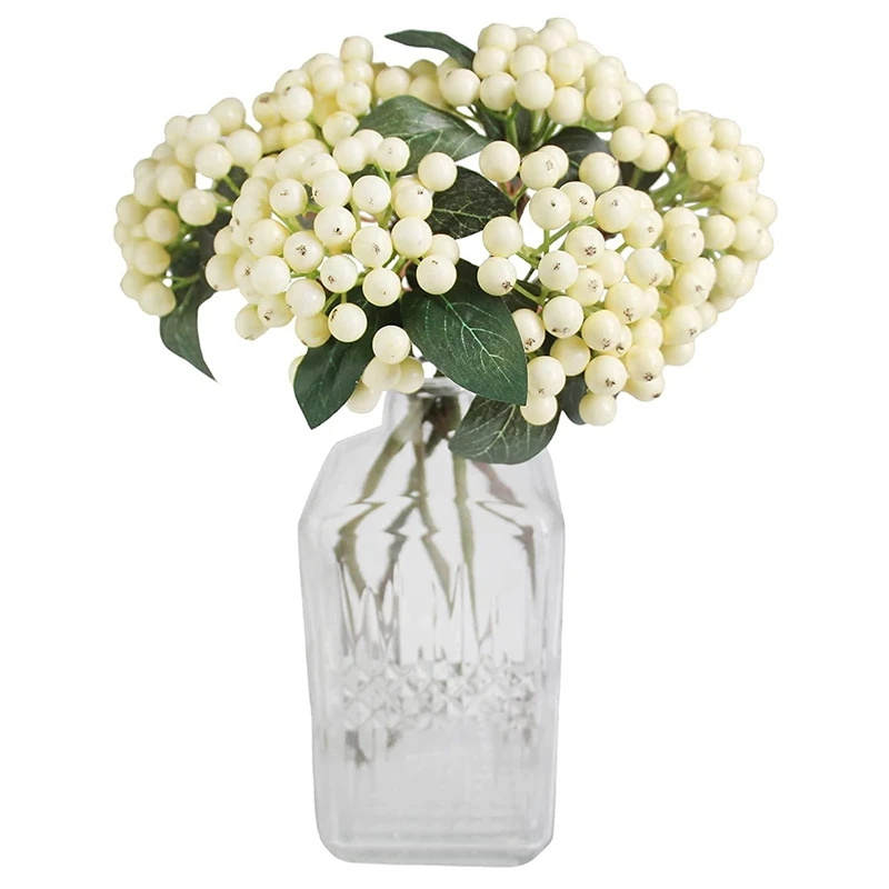 6 Pcs Artificial White Holly Berry Stem Realistic Bouquet For Wedding Party, Berry Ornaments Fake Berry For Home