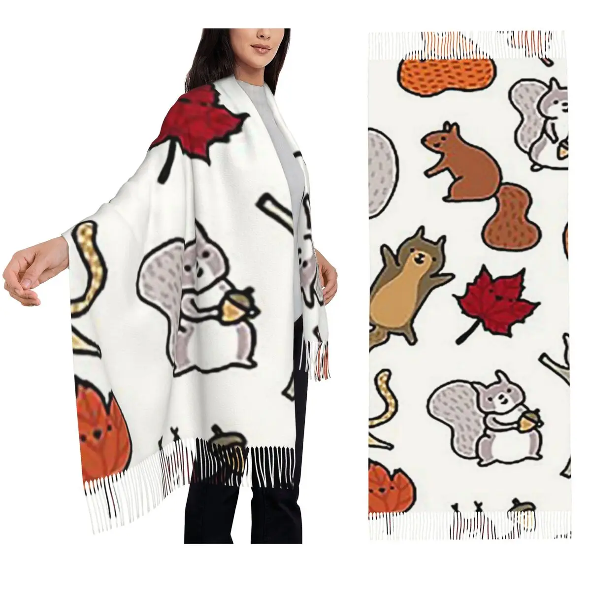 

Squirrels In Fall Doodle Scarf Tassel Scarves for Women Soft Warm Shawls and Wraps Long Fall Winter Shawl Wrap
