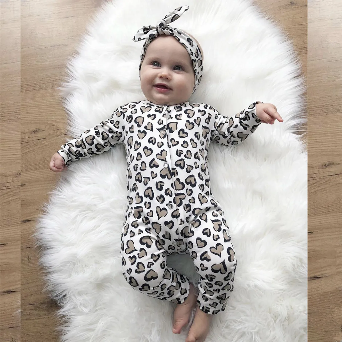 Fashion infant Baby Girl Romper Jumpsuit Playsuit Sleepsuit Come with Headband Newborn Girls Baby Long Sleeve Clothing