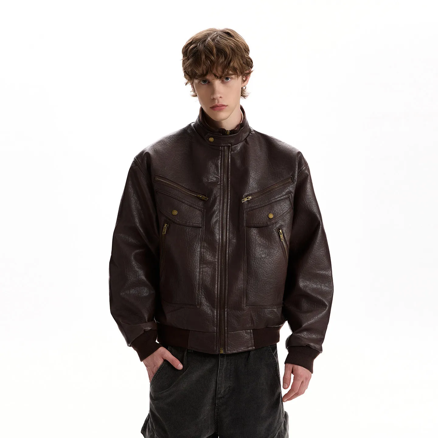 

Spring Autumn Men Jacket American Retro Windproof Stand Collar Male Leather Coat Motorcycle Punk Long Sleeve Man Outerwear