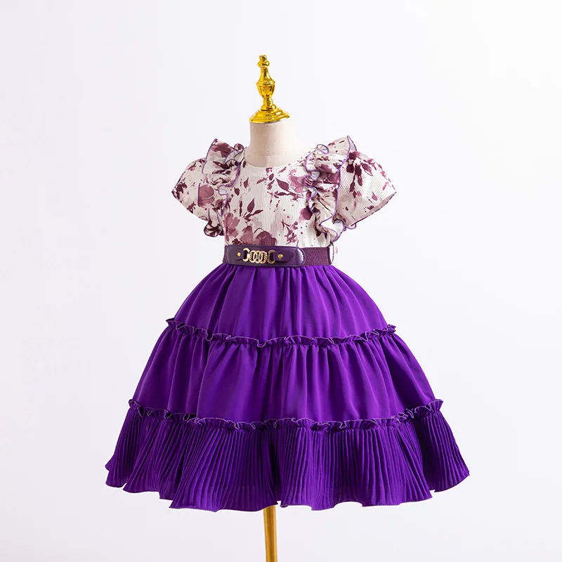 Princesa tutu vestido para a menina, cinto impressão flor, para festa de casamento, aniversário, para as crianças