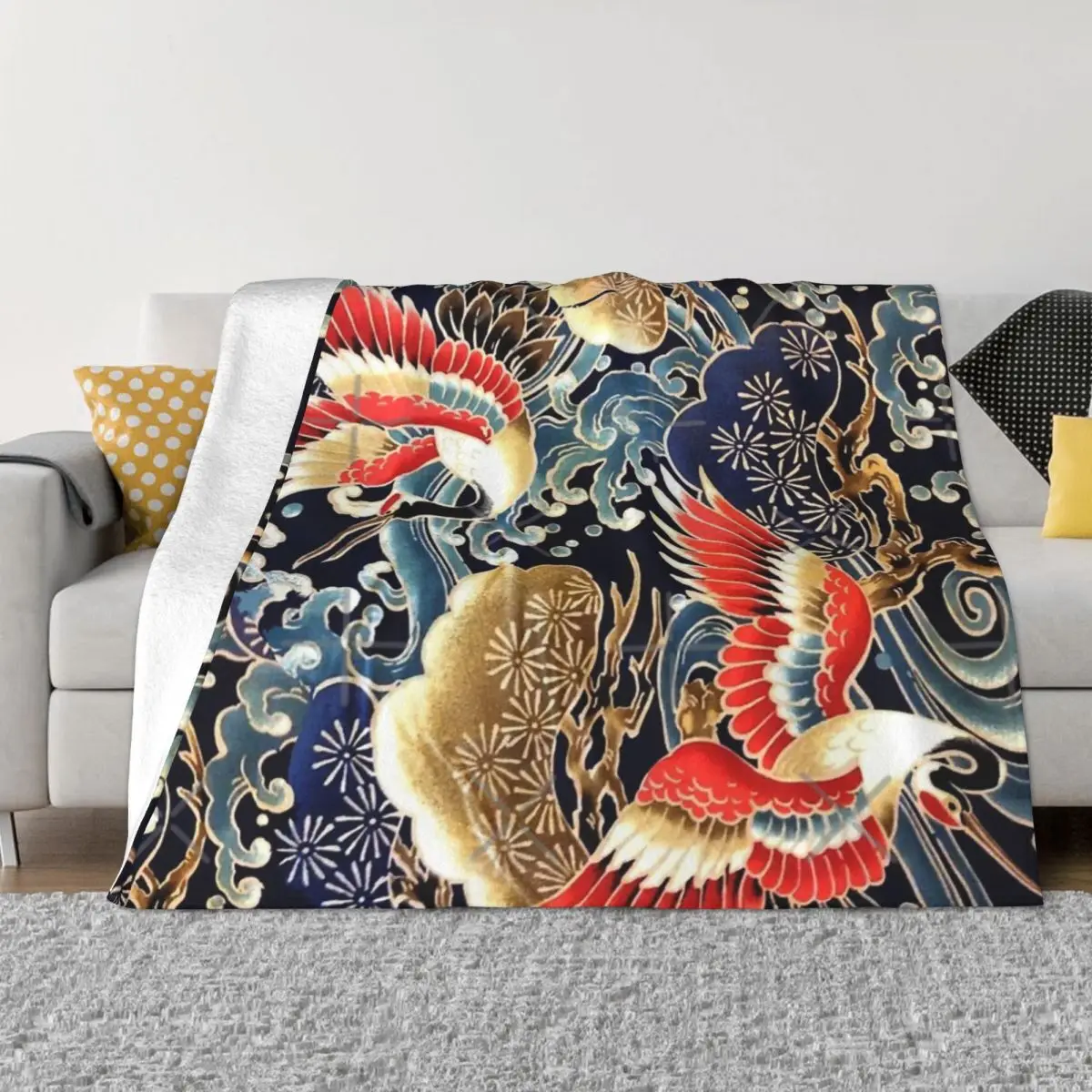 Japanese Flying Cranes Flowers Sea Waves Home Blankets Winter Blankets Home And Decoration Throw Blanket