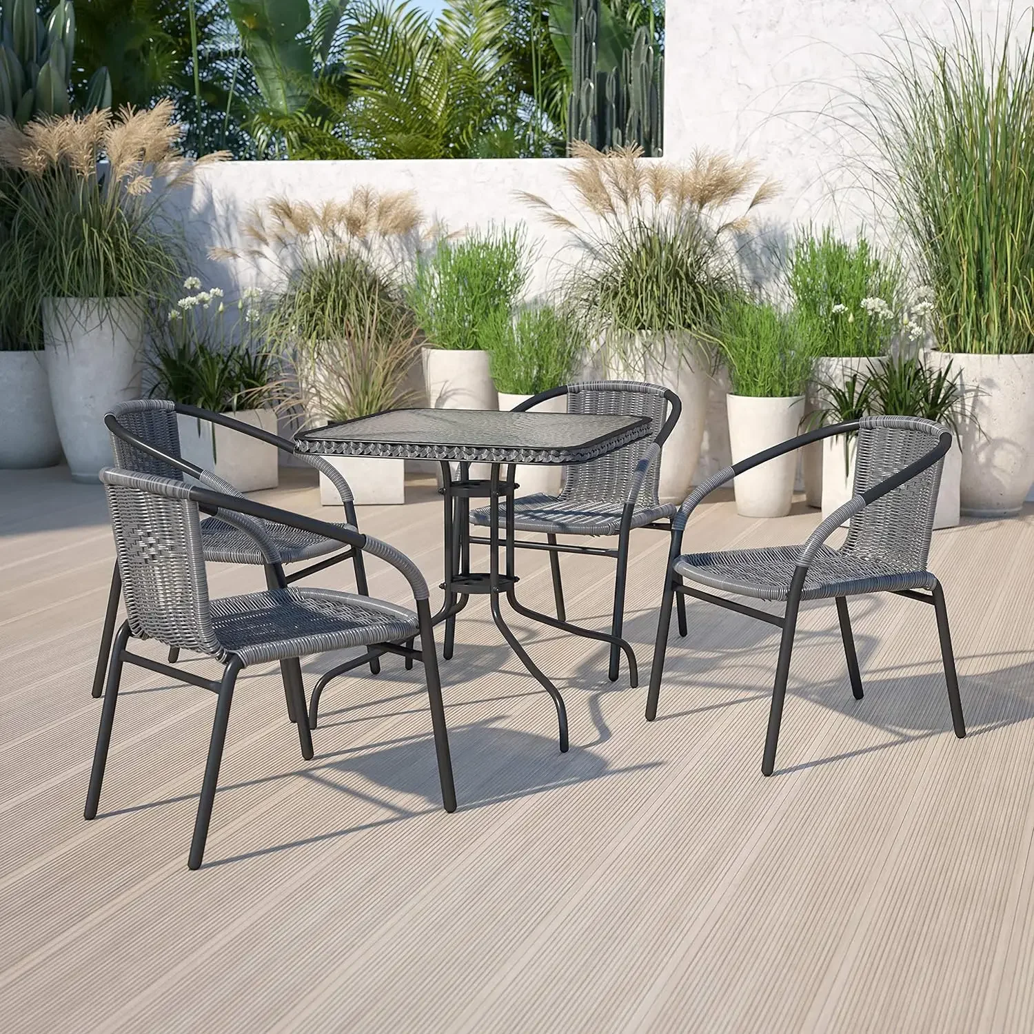 

4 Pack Medium Black / Grey Rattan Indoor-Outdoor Restaurant Stack Chair