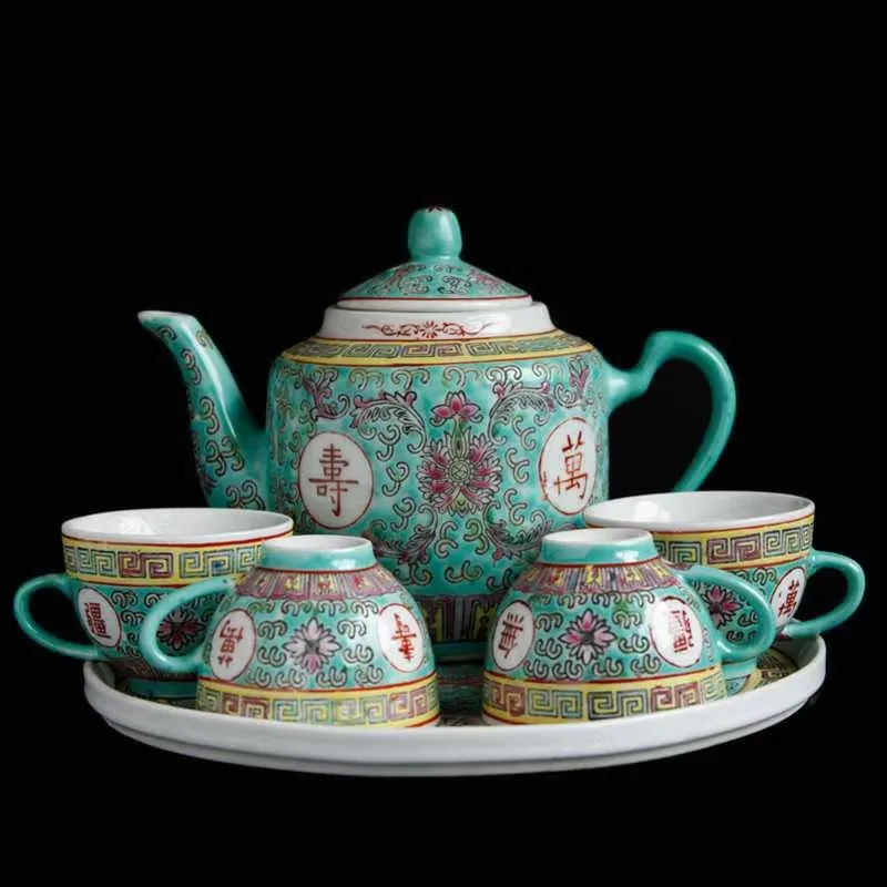 Hand-painted Kung Fu Tea Set 70's Vintage Paint Tea Pot and Cup Set Coffee Table Desk Longevity Without Borders Tea Cup Set of 6
