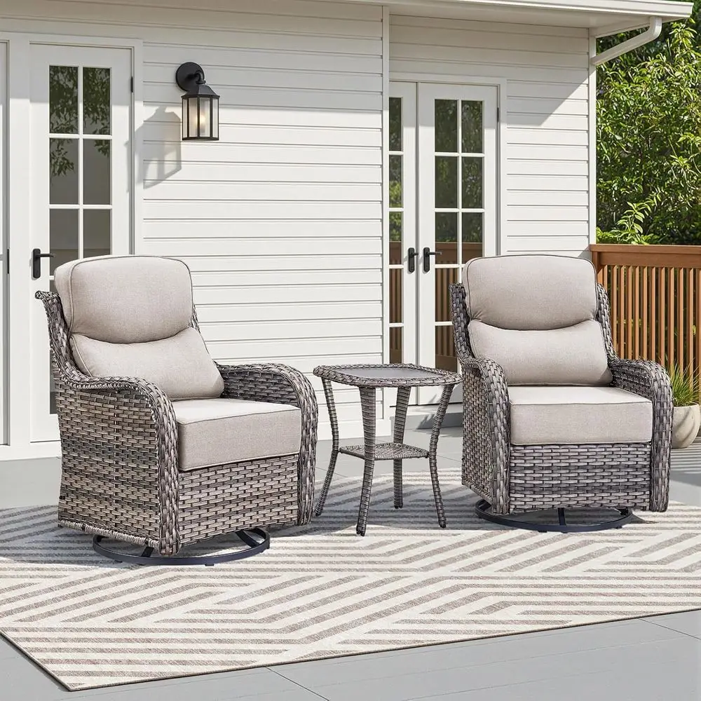 

3-Piece Wicker Swivel Rocking Chairs Set with Glass Side Table and Thick Cushions for Outdoor Deck or Balcony (Grey/Beige)