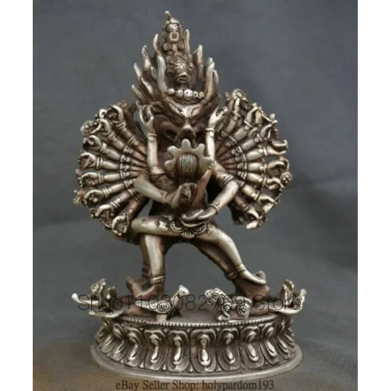 7-Inch Rare Old Tibetan Silver Buddhism Tantra Mandexvara Kalachakra Buddha Sculpture