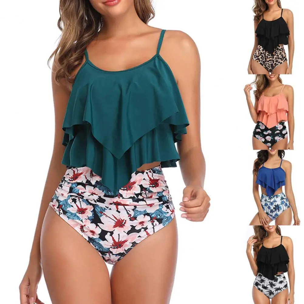 2 sztuk/zestaw damskie stroje kąpielowe drzewo kokosowe drukuj Ruffles dwuczęściowe bikini z rozcięciem Slim Fit paski Spaghetti strój kąpielowy do pływania