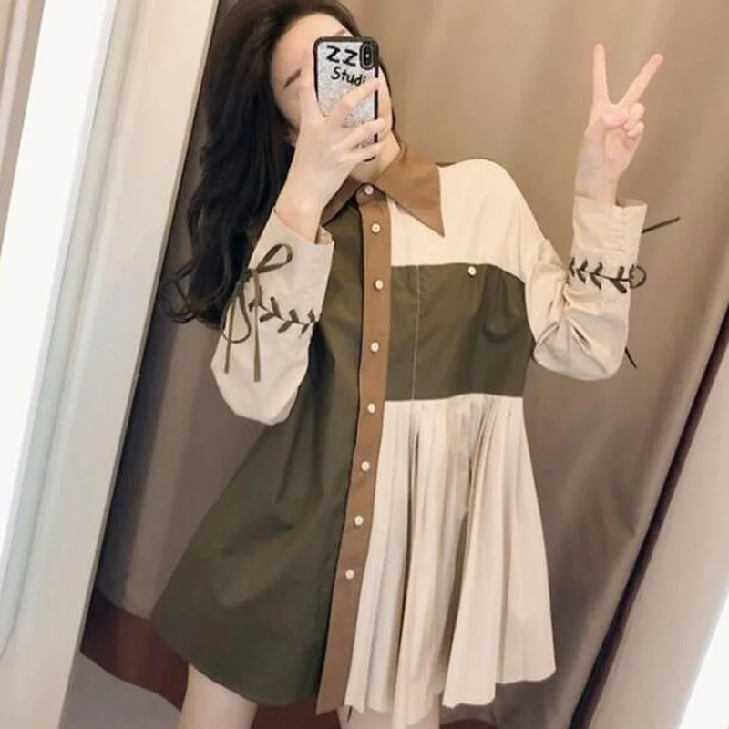 Shirts Women Patchwork Feminine Simple Vintage Spring Single Breasted Fashionable Students New BF Style Outerwear Chic Clothing