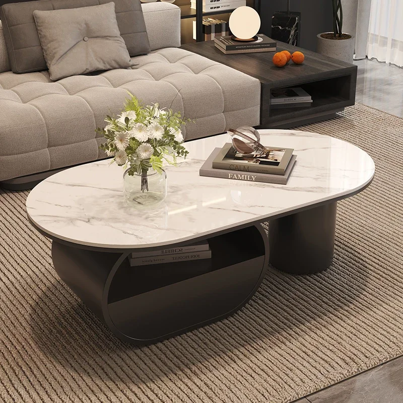 

Italian light luxury simple rock slab coffee table small apartment oval with drawers TV cabinet living room home