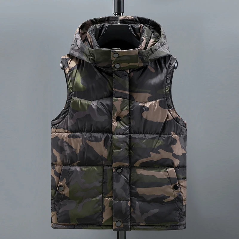 KIDWHXR Man Winter Vest Camouflage Printed Male Hooded Waistcoat Thicken Warm Slim Sleeveless Men Outdoor Casual Parkas Vest