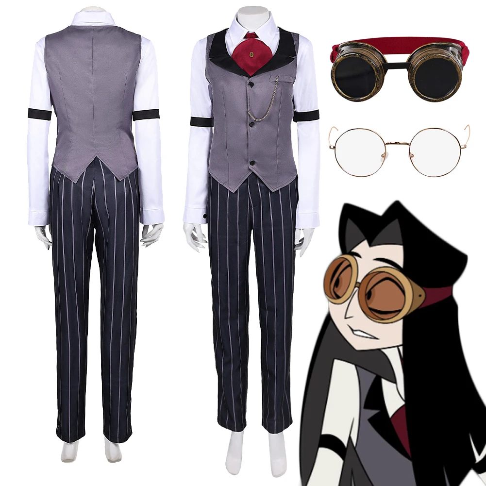 2025 TV Hell Inn 2 Sir Pentious تأثيري رمادي أبيض البدلة زي مجموعة نظارات مختبر ملابس للنساء حفلة كرنفال الهالوين