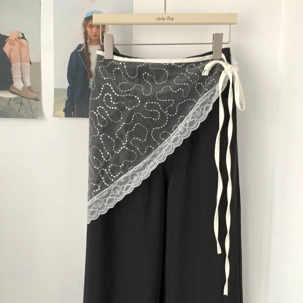 

Юбка-треугольник Y2K с кружевной отделкой, высокой талией, многослойная, из тюля, с завязками, декорированная джинсовой тканью