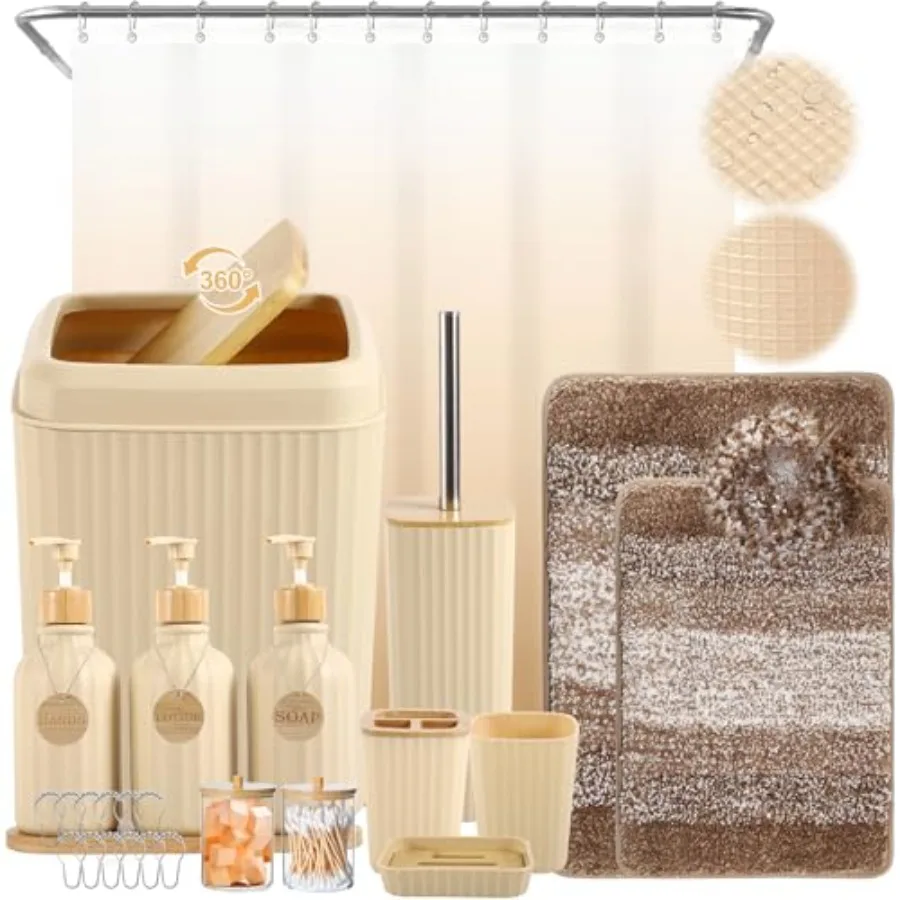 

Набор из 32 предметов для ванной комнаты: шторка для душа и коврики, аксессуары для душа, 3 дозатора для лосьона и мыла, аксессуары для ванной комнаты с логотипом.