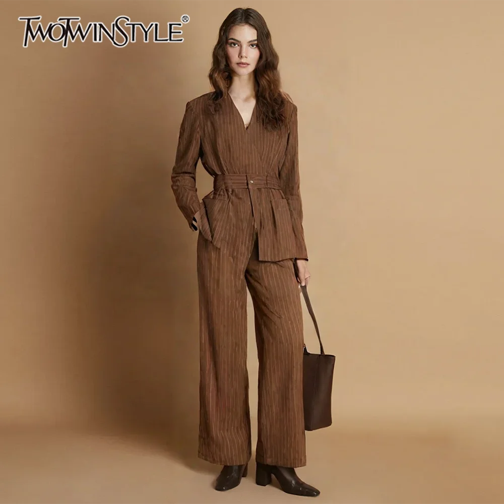 TWOTWINSTYLE Spliced Striped Basics Two Piece Sets for Women V Neck Long Sleeves Spliced Belt Blazer Wide Leg Pant Set Female