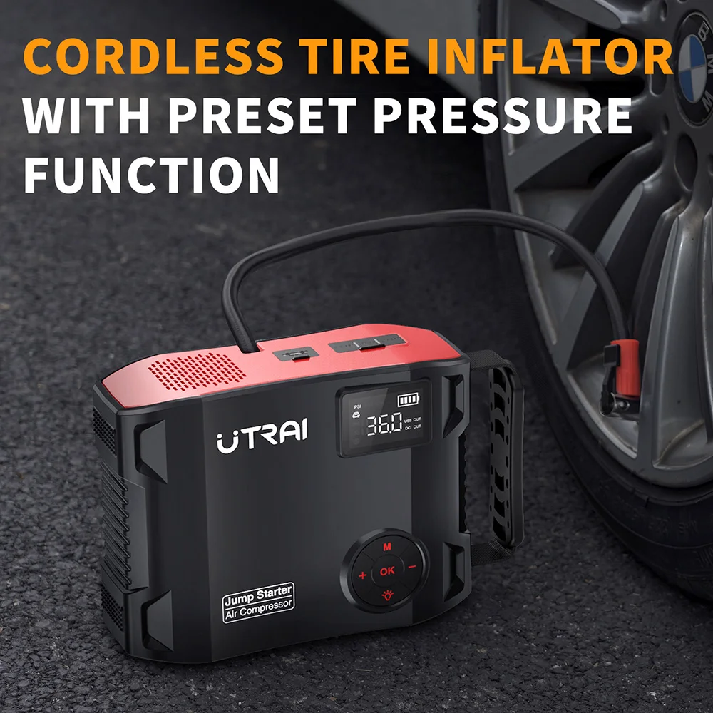 UTRAI 150PSI Air Pump Portable Car Air Compressor 2000A 4 in 1 Car Jump Starter Power Bank Emergency Air Pump Car Tire Inflator