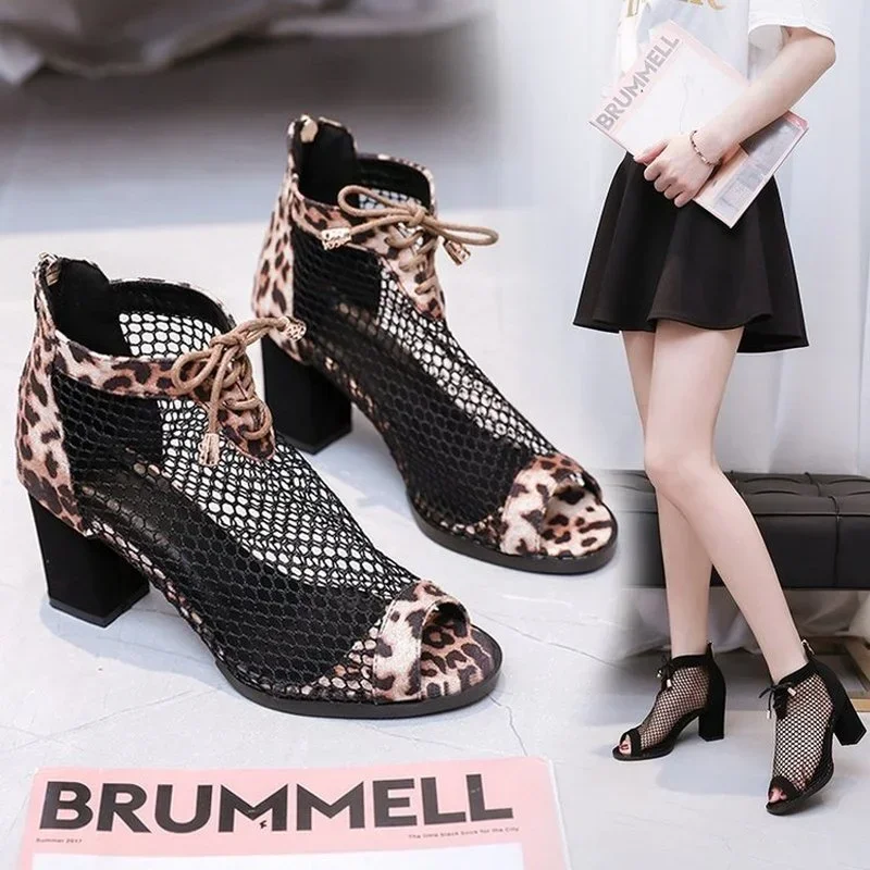 2025 New Fashion Ladies Sandals European and American Fashion Mesh Hollow High Heel Booties Thick Heel Leopard Print Fish Mouth