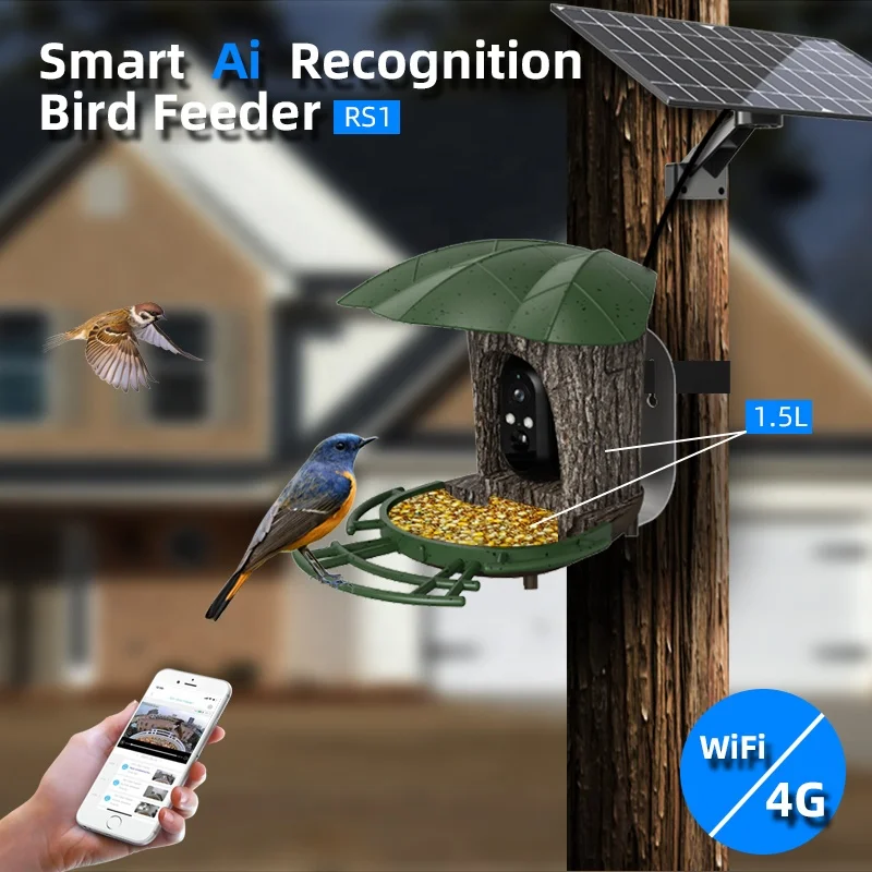 Waterproof 2MP 6W Solar Panel 4G SIM Card WIFI Wireless AI Smart Bird Feeder with Watching Camera Cam Bird Identification