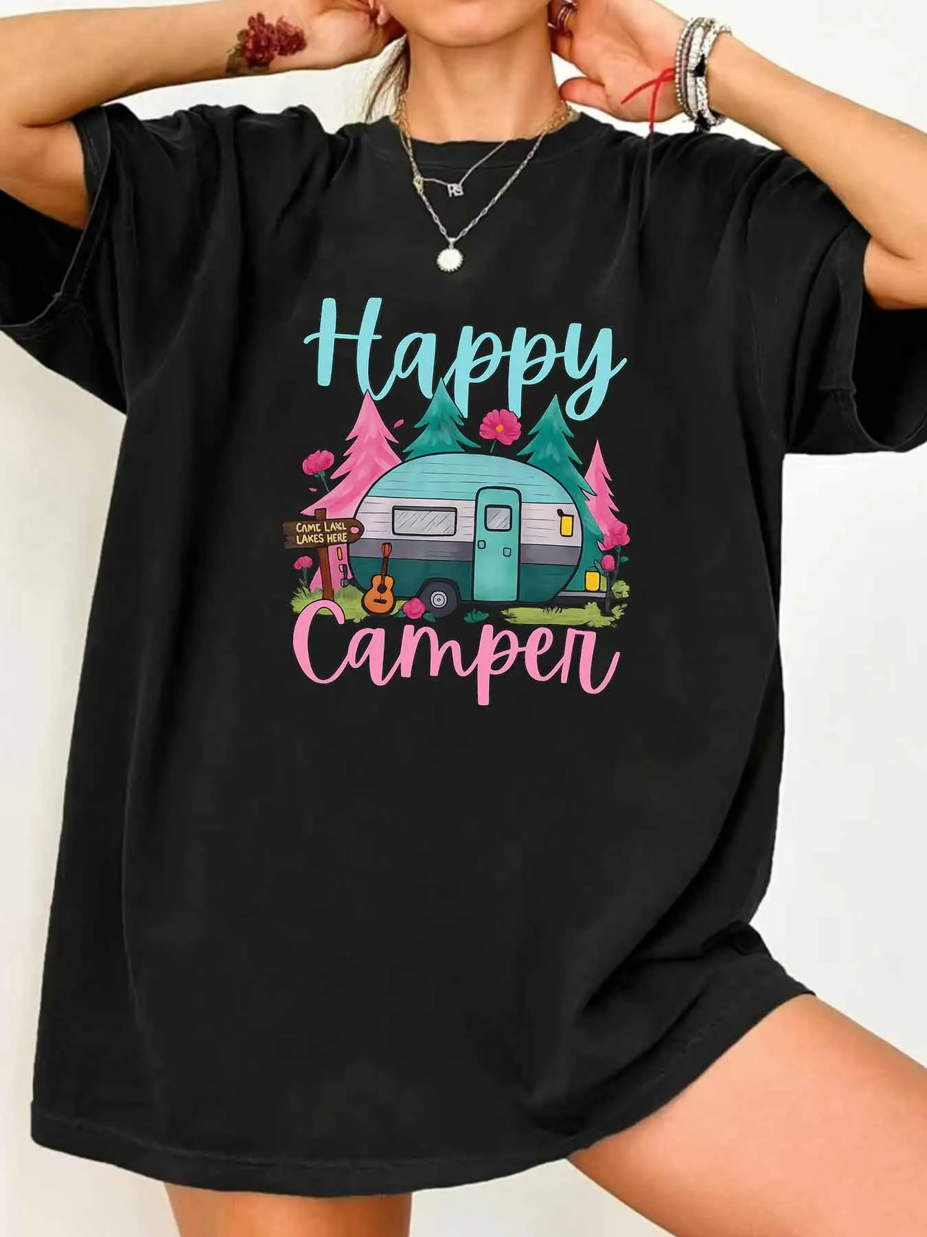 

【008581】Car and happy Plus size women's round neck short sleeve T-shirt with elastic half sleeves and trendy prints