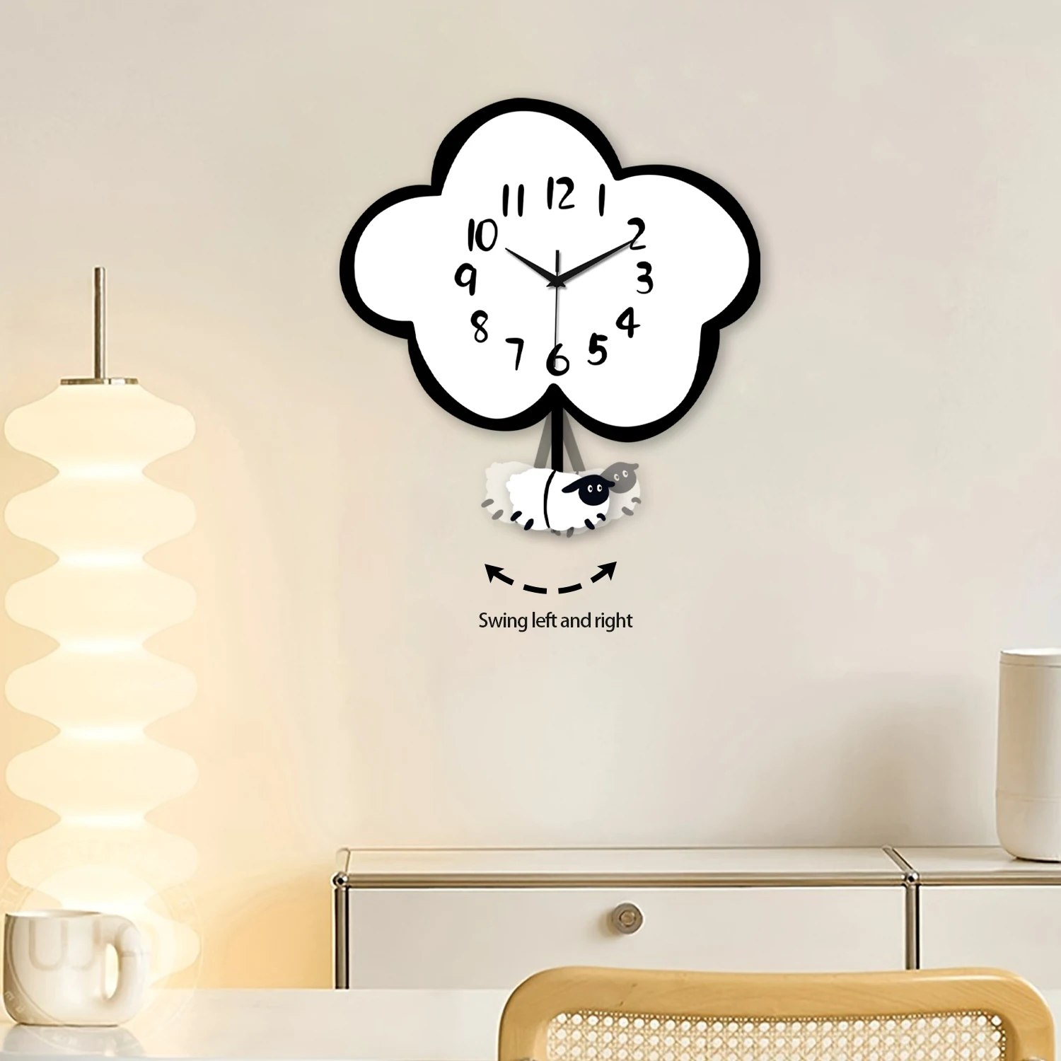 A Modern Cute Wooden Cloud Sheep Large Swing Wall Clock Battery Powered Silent Swing Clock Living Room Bedroom Home Kitchen Aesthetic Room Decoration Wall Clock Unique Gift (No Battery)