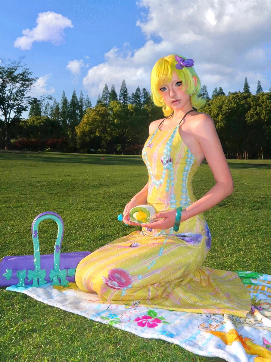 ReddaChic-vestido largo con estampado geométrico de craquel de perlas en 3D para mujer, vestido Retro de tartán Y2k con espalda abierta, trajes de Festival de concierto de verano